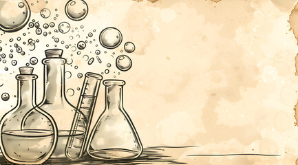 A drawing of a lab with a white background and a variety of glassware including beakers, flasks, and vials. Generative AI