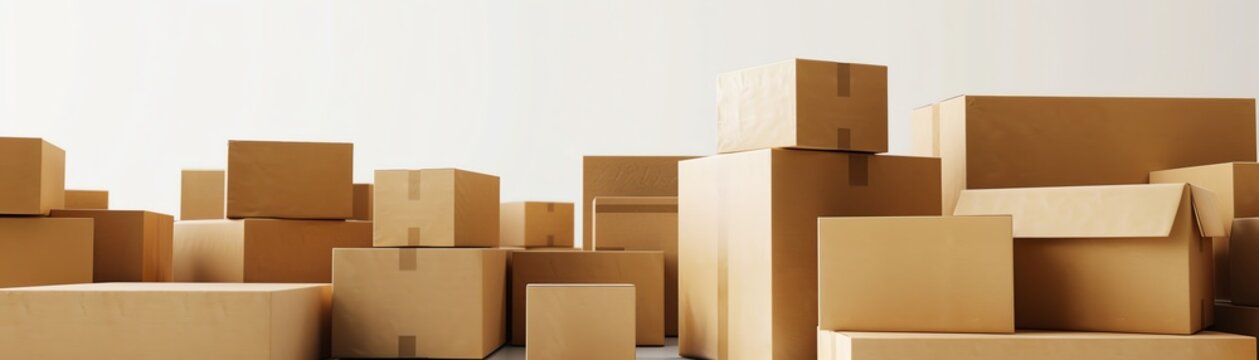 A Simple stack of various sized brown cardboard boxes isolated on a white background