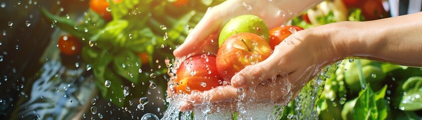 Fototapeta premium A woman hands washing organic fruits and vegetables with pure water