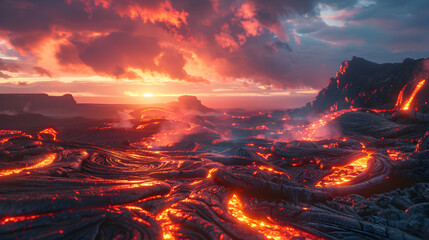 Beautiful Sunrise Capturing the Vibrant Colors and Textures of Lava Fields in a Realistic Portrait