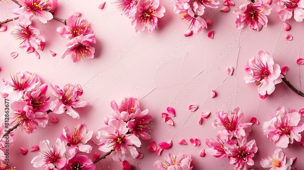 Fototapete Spring cherry tree in bloom creative layout Sakura pink flowers in springtime background Beauty in nature Design element Top view flat lay : Generative AI