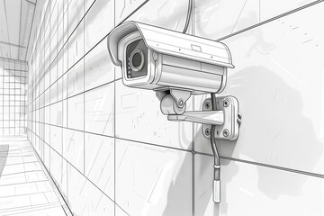 A security camera mounted on a warehouse wall, drawn in a clean linear style, isolated on white background