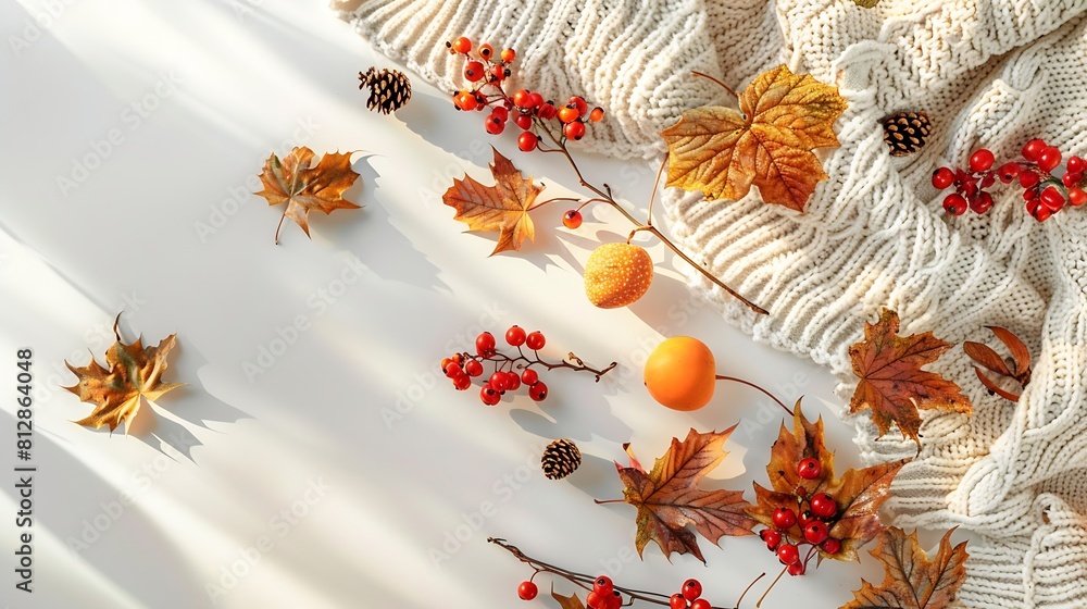 Aufkleber autumn layout warm knitted plaid and autumn leaves fruits berries on a white background hello autumn