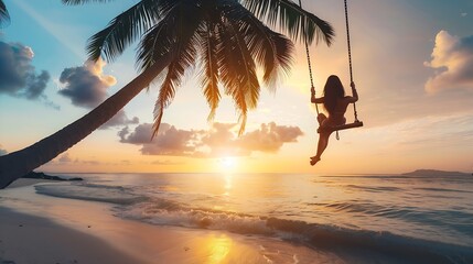 Young happy woman relaxing on a swing attached to a palm tree on a paradise beach at sunset while on vacation in a tropical country : Generative AI