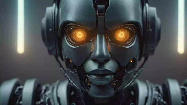 Combat robot in military metal armor. Futuristic cyborg security guard. Technology, robotics, artificial intelligence and future concept.