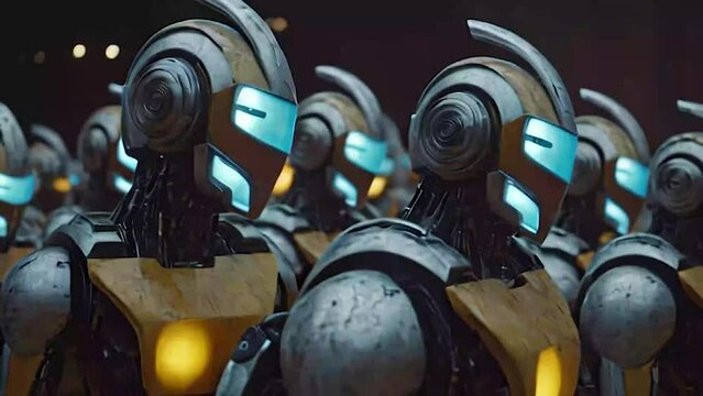 Combat robots in military metal armor. Futuristic cyborg security guard. Technology, robotics, artificial intelligence and future concept.
