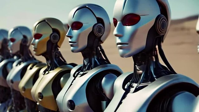 Combat robots in military metal armor. Futuristic cyborg security guard. Technology, robotics, artificial intelligence and future concept.