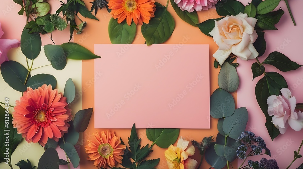 Poster creative layout made of flowers and leaves with paper card note flat lay nature concept : generative