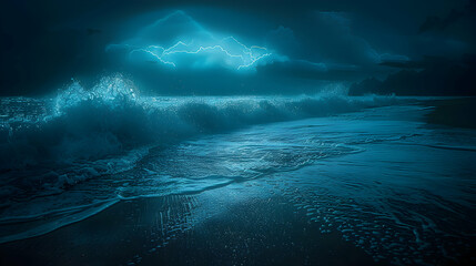 Glowing Waves at Midnight: Photo realistic concept of waves crashing on a dark beach with a mystical blue glow under the moonlight