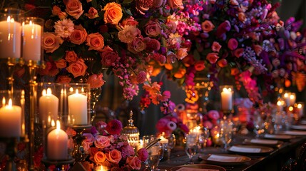 Enchanting wedding decorations featuring intricate rose flower arrangements in a spectrum of colors, enhanced by the soft glow of flickering candles