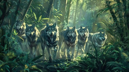 Energetic pack of wolves roaming through the jungle undergrowth, their keen senses alert for any sign of prey or danger.