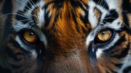 Intense tiger eyes closeup, dark background, dramatic contrast, detailed texture