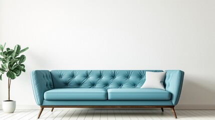 Turquoise sofa in spacious room against blank white wall with copy space. Scandinavian interior design of modern living room, home