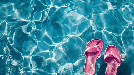 Naklejka premium Summer vacation Pink sandals by swimming pool Blue sea surface with waves texture water Flat mock up for design : Generative AI