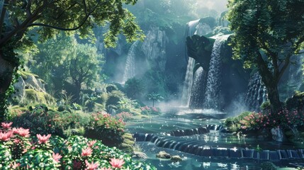 Fantasy landscape with waterfalls, panorama. Generative AI hyper realistic 