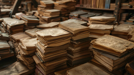 Stacks of old, worn books piled haphazardly, creating a scene of organized chaos in a vintage library or bookshop setting.