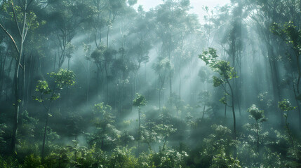 Mystical and Ancient: Misty Morning Enhancing Old Growth Forest with Unmistakable Allure | Photo realistic Stock Concept