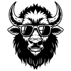 Fototapeta premium Cool Bison wearing sunglass black silhouette logo svg vector, buffalo icon illustration.