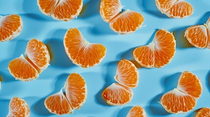 Fruit pattern of fresh mandarin slices on blue background Flat lay top view Pop art design creative summer concept Half of citrus in minimal style Tangerine : Generative AI