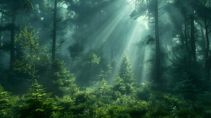 Mystical Mist: Enchanting Old Growth Forest in the Morning Haze   Photo Stock Concept