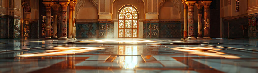 intricate details of an arabian mosque with sunlight reflecting on wet ground, featuring a large arched window and a shiny floor
