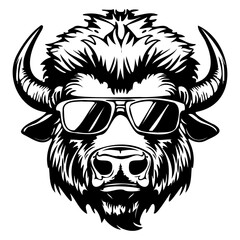 Obraz premium Cool Bison wearing sunglass black silhouette logo svg vector, buffalo icon illustration.