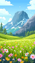 Panoramic view of big mountains and beautiful meadows with flowers. Flat cartoon landscape with nature Stock vector illustration