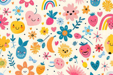 a cute colourful pattern of flowers with smiley faces