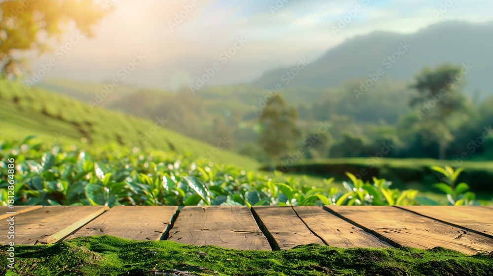 Poster Wooden table top on blur green tea mountain and grass fieldFresh and Relax conceptFor montage product display or design key visual layoutView of copy space : Generative AI