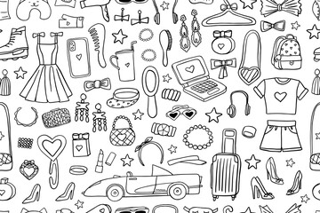 Seamless pattern of Fashion set. Trendy set, doll aesthetic accessories, fashion clothing. Caddy cabriolet for girl. Suitcase, headphones, perfume, sunglasses, handbag, mirror. Hand drawn. Doodles