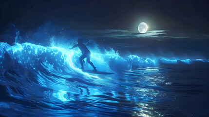 Photo realistic as Moonlit Bioluminescent Surfing concept as Surfers catch waves under a moonlit sky with each wave casting a surreal glow from bioluminescent organisms.
