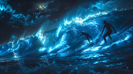 Mesmerizing Moonlit Bioluminescent Surfing: Surfers Catching Waves Under a Surreal Glow of Bioluminescent Organisms in the Moonlit Sky