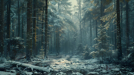 Snow Blankets Quiet Old Growth Forest in Winter, Contrasting Green Trees   Photo Realistic Concept