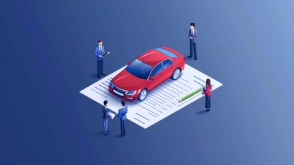 car insurance concept with car and contract paper with team people
