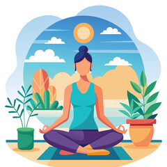 Woman practicing yoga in lotus position, potted plant in background, A calming image of a peaceful yoga class in session, minimalist logo