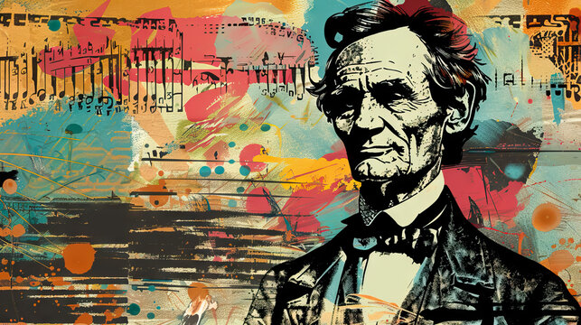 U.S. president Abraham Lincoln on grunge style colorful stroke background with copy space.