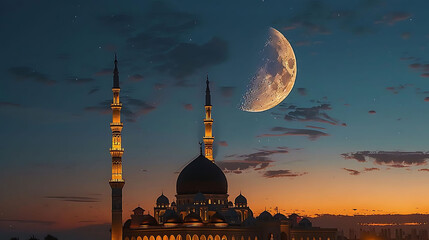 majestic mosque in the moon's embrace against a clear blue sky - Powered by Adobe