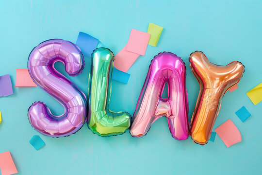 colorful  slay  balloon letters with party confetti on teal background for modern party decor
