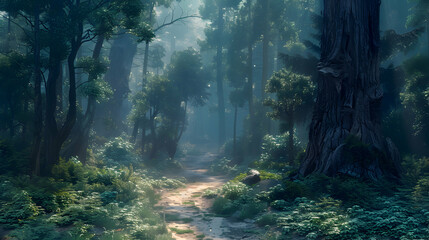 Tranquil Path Through Majestic Ancient Forest Surrounded by Towering Trees   Photo Realistic Nature Photography Concept