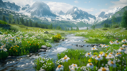 A peaceful Alpine meadow stream: A gentle stream meanders through lush greenery  mountain air in this serene photo realistic concept | Photo Stock