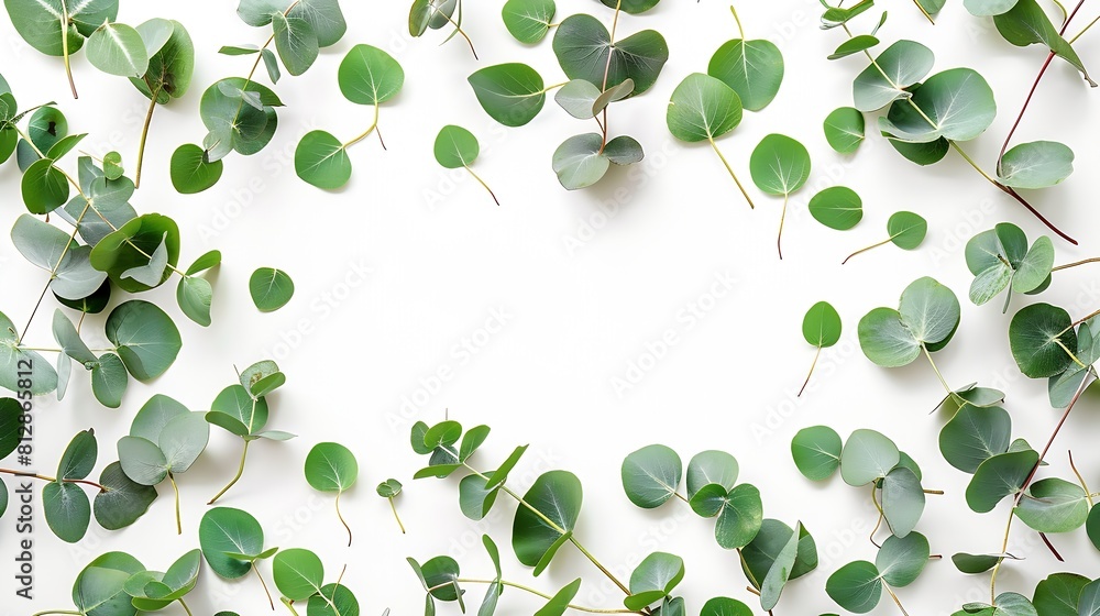 Poster green eucalyptus leaves frame banner top view isolated on white background with copy space flat lay 