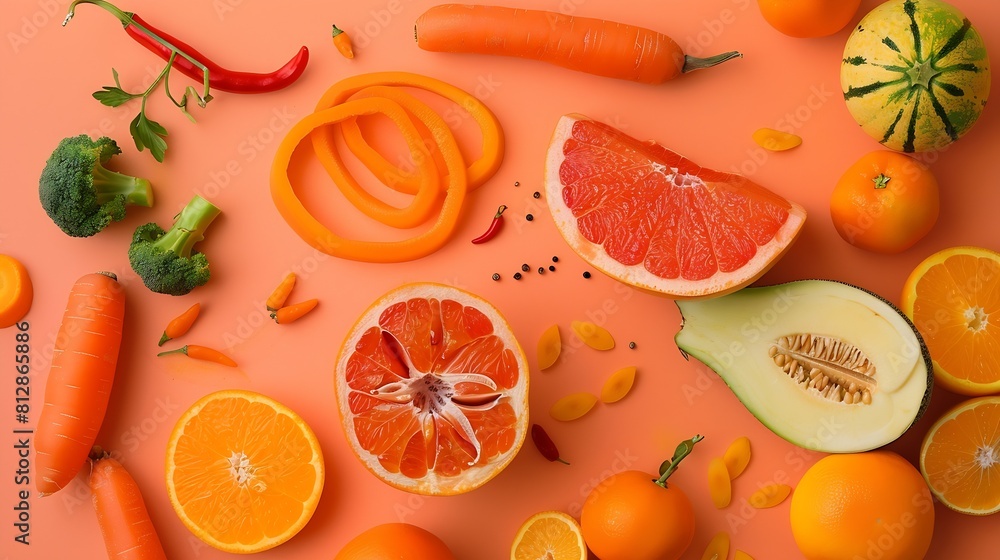 Poster creative layout made of carrot papaya orange grapefruit apricot melon tangerine curcuma and pepper o