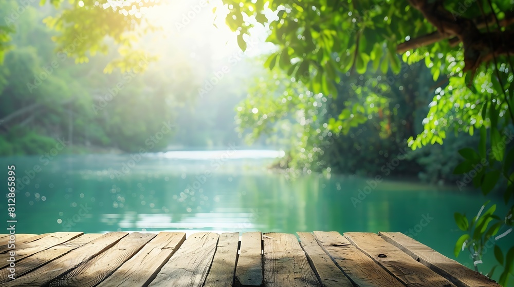 Poster wooden table top on blur green forest and lake or swampfresh and relax conceptfor montage product di