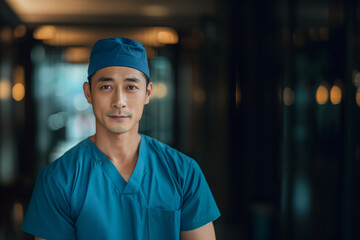 Fototapeta premium A confident pose in an operating room highlights a skilled young Asian male surgeon in blue scrubs, ready and professional.