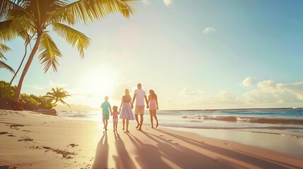 Panorama of happy beautiful family with kids walking together on tropical beach during summer vacation : Generative AI