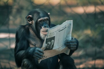 Thoughtful chimpanzee engrossed in reading a newspaper against a natural, blurred background