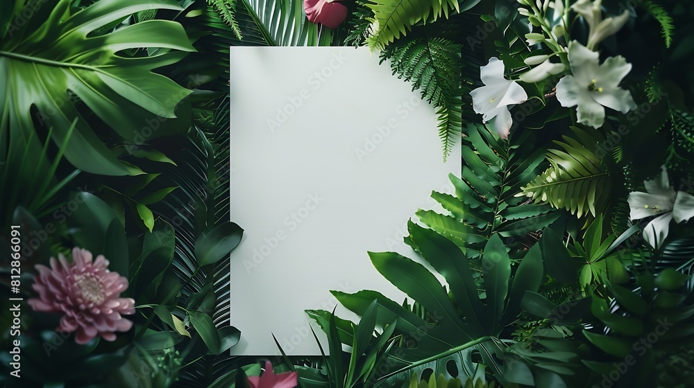 Poster creative layout made of flowers and leaves with paper card notesquare framenature conceptleaf in for