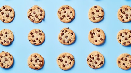 Creative pattern made with chocolate chip cookies on pastel blue background Happy sweet optimistic life idea Fun food or dessert concept Spring or summer layout : Generative AI