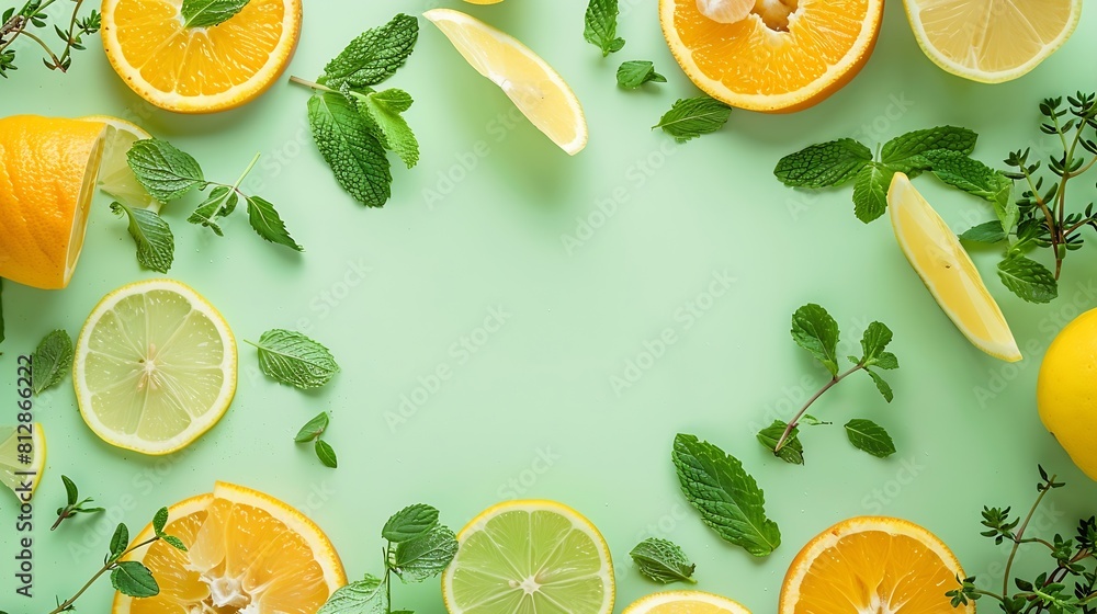 Aufkleber Citrus slices and mint herbs frame on retro mint pastel background with copyspace from above Top view of lemon and orange refreshment Summer fruit smoothie minimal banner design : Generative AI