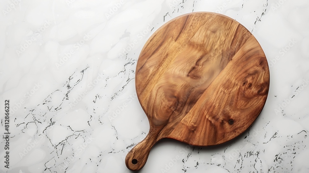 Poster round empty wooden charcuterie serving board with handle on a white or gray marble table top view ki